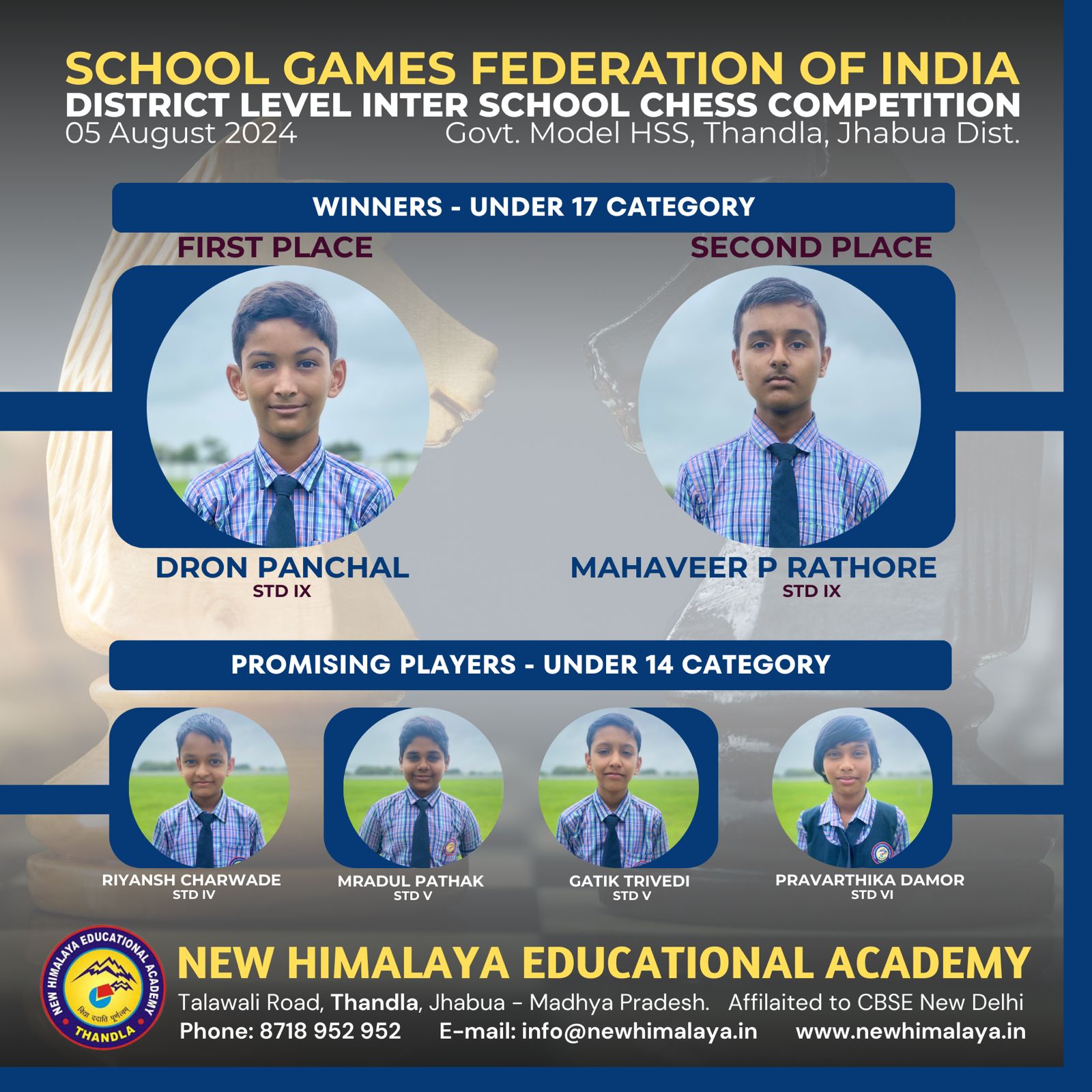 न्यू हिमालया एजुकेशनल एकेडमी के छात्रों ने लहराया परचम जिला स्तरीय इंटर स्कूल शतरंज प्रतियोगिता में।